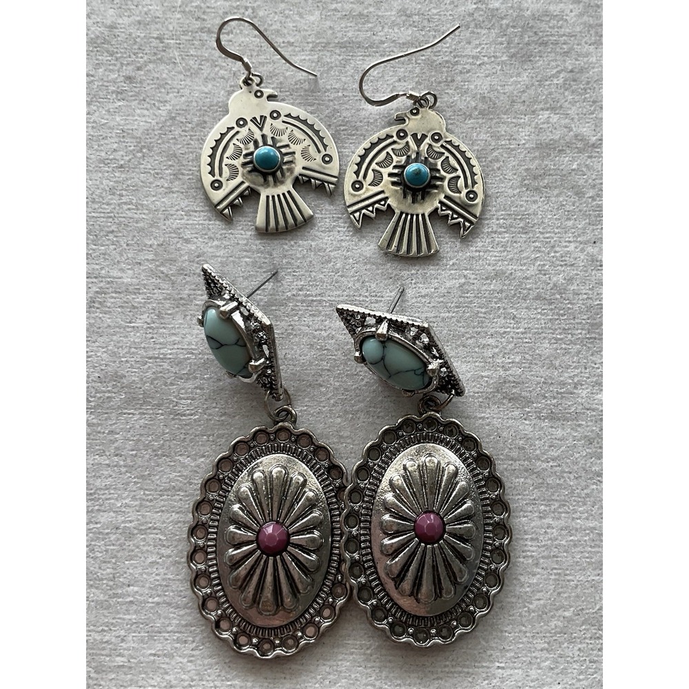 Lot Of 2 Pairs Southwestern Dangle Earrings Thunderbird Ect